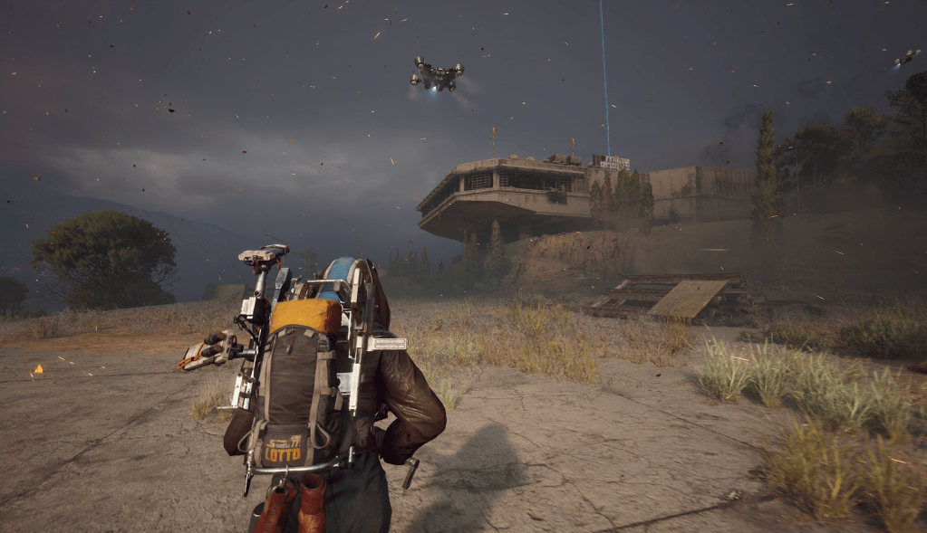 An image depicting a Raider from ARC Raiders heading to extract on Dam Battlegrounds with a Rocketeer hovering overhead and a wasp off to the right hand side as embers swirl in the air.
