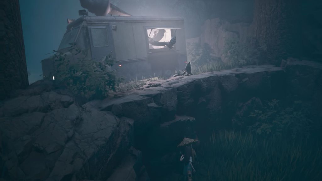 An image depicting an ice cream truck with a hand holding a cone out to a cowering boy in a conical hat as his companions hide below the cliffside.