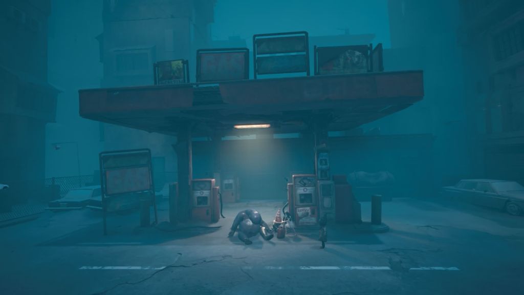 An image of a gas station as Boy and Girl from REANIMAL pump gas into a red jug near a bloated corpse.