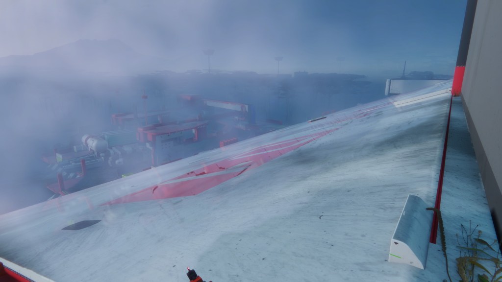 A HUDless in-game screenshot from Marathon, perched on the roof overlooking Dire Marsh.