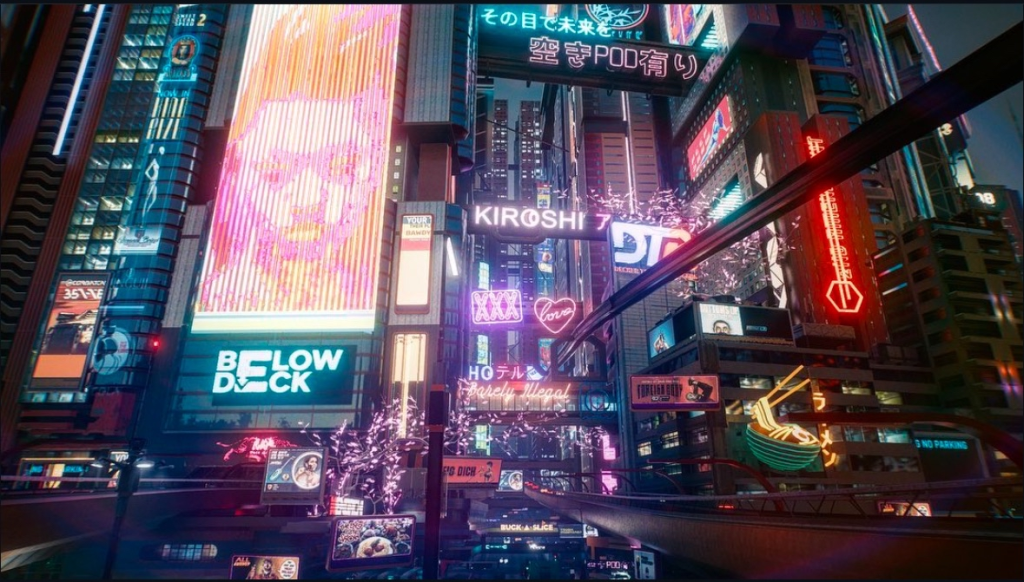 A screenshot of a side of Night City in Cyberpunk 2077.
